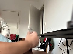 Milf maid caught and watches me jerk off until I cum and helps me with napkins. Public Cock Flashing