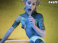 Tattooed Teen Anal DP Solo in Latex - Extreme Squirting and Gapes with High Heels