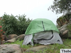 Tgirl hiker Ember Fiera analed in forest mountain