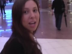 Pretty Russian girl sucks boyfriend's cock in public restroom