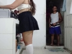 Naughty stepdad enjoys rimming his schoolgirl stepdaughter while doing dishes and fills her tight ass with his load
