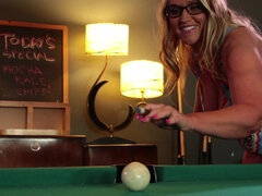 Three kinky girls are playing pool and they are using dildos