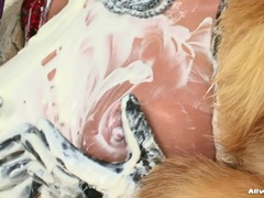 Blondine, Handschuhe, Leder, Krankenschwester, Satin, Strümpfe, Nass, Ringkampf