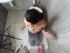 Dumb slut getting a piss and cum facial - Bj - smoking