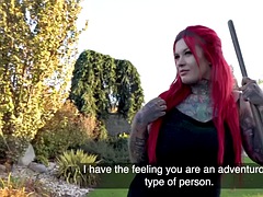 Tattooed chubby eurobabe seduced into outdoor POV sex