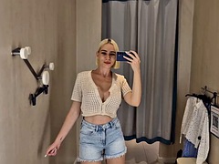 Try on transparent clothes, completely transparent. in the mall. Public fetish