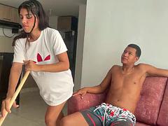 I Provoke My Stepbrother While I Clean the House and He Asks Me to Fuck Her Without Mercy Until He Fills His Ass with Milk