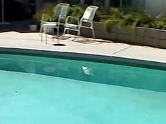 Studs fool around in an outdoor pool and enjoy handjobs