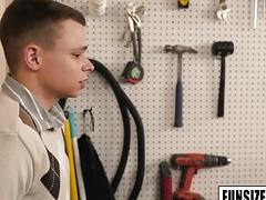 Cute twink fucked by 6'8" giant janitor in school
