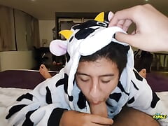 Dreichwe in a cow pijama sucking and riding my big uncut cock until he earns my hot milk