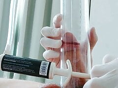 Pumping dick wearing latex medical gloves