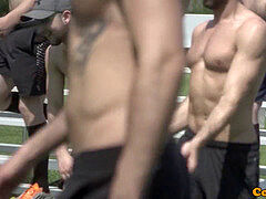 Rimmed muscle jocks stroking spunk in lockerroom