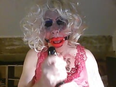 Gagged, CD sissy slut,Sarah Millward, wannabe MILF, wanks, craves humiliation and cock - your cock, and your cum in her face