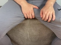 Enormous dick unloads freely in trousers