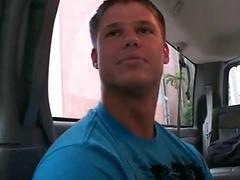 Naked stud is about to get a gay BJ in the bus