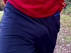 Slowmo of me with my dick flapping under my sweatpants during my morning walk in the woods