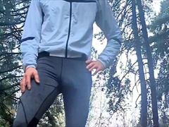 Rainy run in latex. See parent freeballing and flashing off my bulbous dickprint in the rain