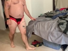 Chubby mature dad bod flaunting a super hot underwear collection gifted by a fan