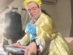 In outfit with my new maid dress made in couture for a day and to iron and fold the ribbons