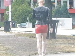 patent leather miniskirt crossdresser, plasticpant in public