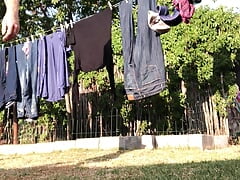 Hanging the washing on the line with happy ending