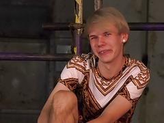 Blonde twink tied up for gay BDSM play and fucking