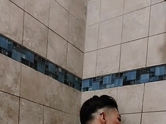 Super-Naughty Chinese school jock plays with faux-cock in risky public douche