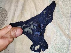 Double cumshots on blue thong