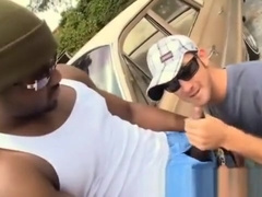 Black guy gets blowjob from white dude in amateur public gay sex