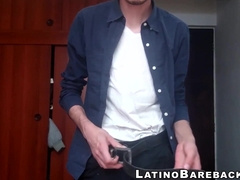 Skinny Latin twink with huge dick jerks off and cums on cam