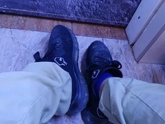 Showing off my dirty sneakers and rubbing my sweaty feet