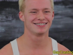 Gaycastings platinum-blonde teenager Slobbers On man sausage