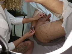 Patient heads for a guts check-up, but concludes up with a belt cock stuck in his bootie