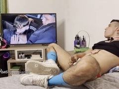 Nike fetishist strokes his cock while worshipping East Boys' feet and watching gay porn
