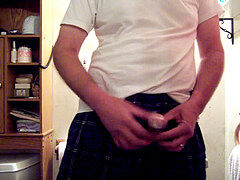 Me jacking through boxer cut-offs with a condom