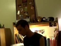 Posing college guy starts masturbating