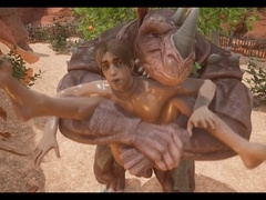 Dominant rhinoceros passionately pounds his muscular mate