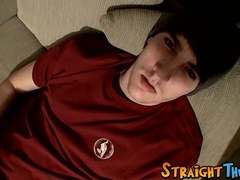 Straight guy strokes his shaft vigorously & cums on himself