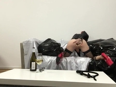 Redhair Crossdresser in Latex Pillow Hump and Anal Bottle Fuck