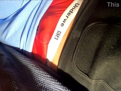 No Arms nutting in crimson undergarments and yoga trousers