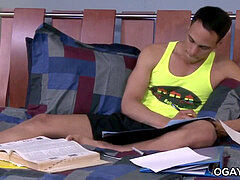 Horny college twink stroking his big cock