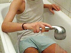 Shower with Clothes and hard Cock