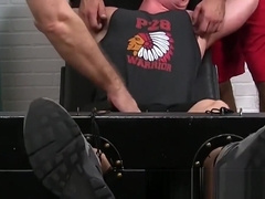 Bound stud tickled and teased by two homosexual freaks