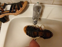 Piss in wifes black patent leather & cork sandal