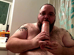 Hairy gay bear enjoys big dildo play and anal stretching