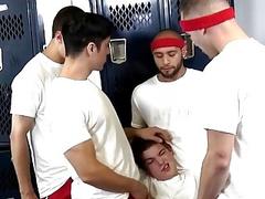 The new guy gets gangbanged in the locker room