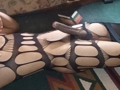 Twunk in mesh sundress and stocking squirts a meaty blast on himself