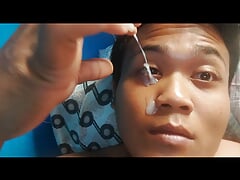 Chub masturbates cums 2 times and puts cum in eyes and eats it