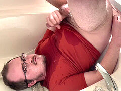 Gay cum gargling slut, pee face, slow motion cumshot