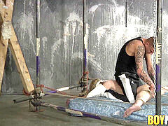 Naughty twink spread wide by straps and predominated with beef whistle